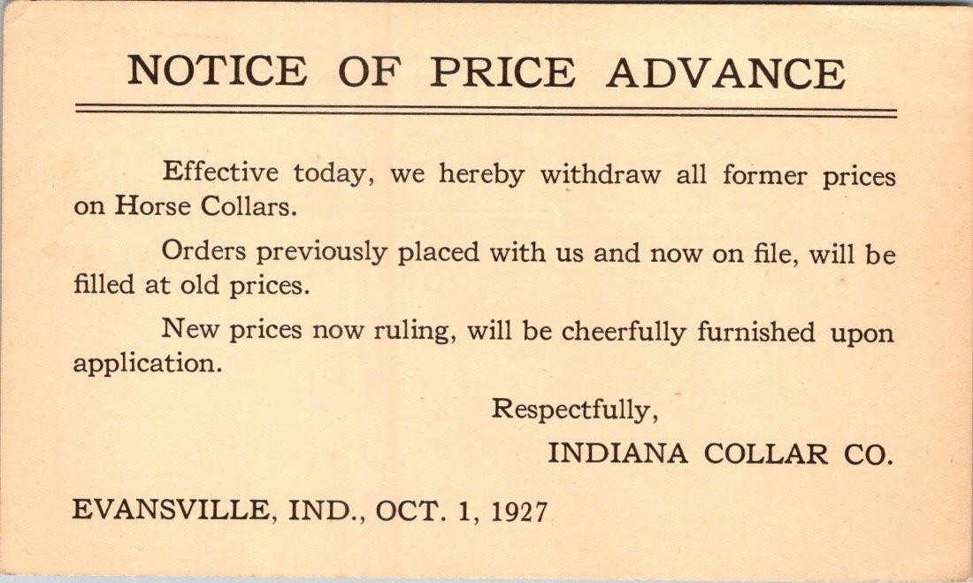 1927 INDIANA COLLAR CO EVANSVILLE HORSE COLLAR PRICE ADVANCE NOTICE POSTCARD