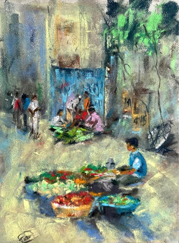 Original Pastel Painting, Indian City Market Handmade 9x12 In, Signed by Artist