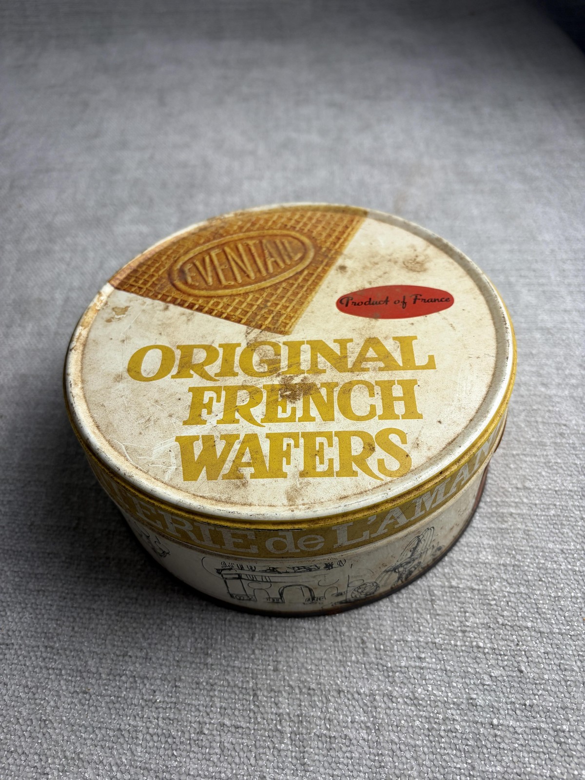 Vintage Original French Wafers White Round Metal Biscuit Tin France Bakery Decor