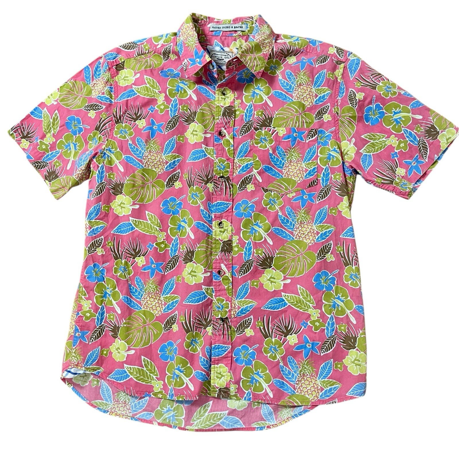 Hawaiian Tropical Pineapple Mens XL Shirt Vintage 1946 Washed Stoned & Beaten