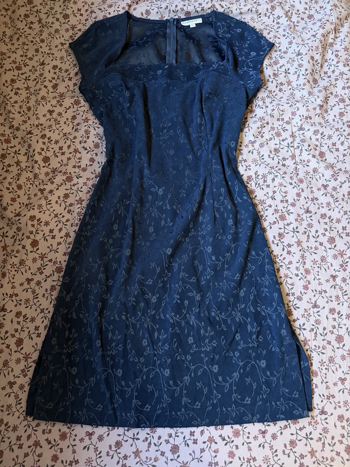 Vintage 90s Rampage Navy Blue Jacquard Mini Dress Square Neck Whimsigoth