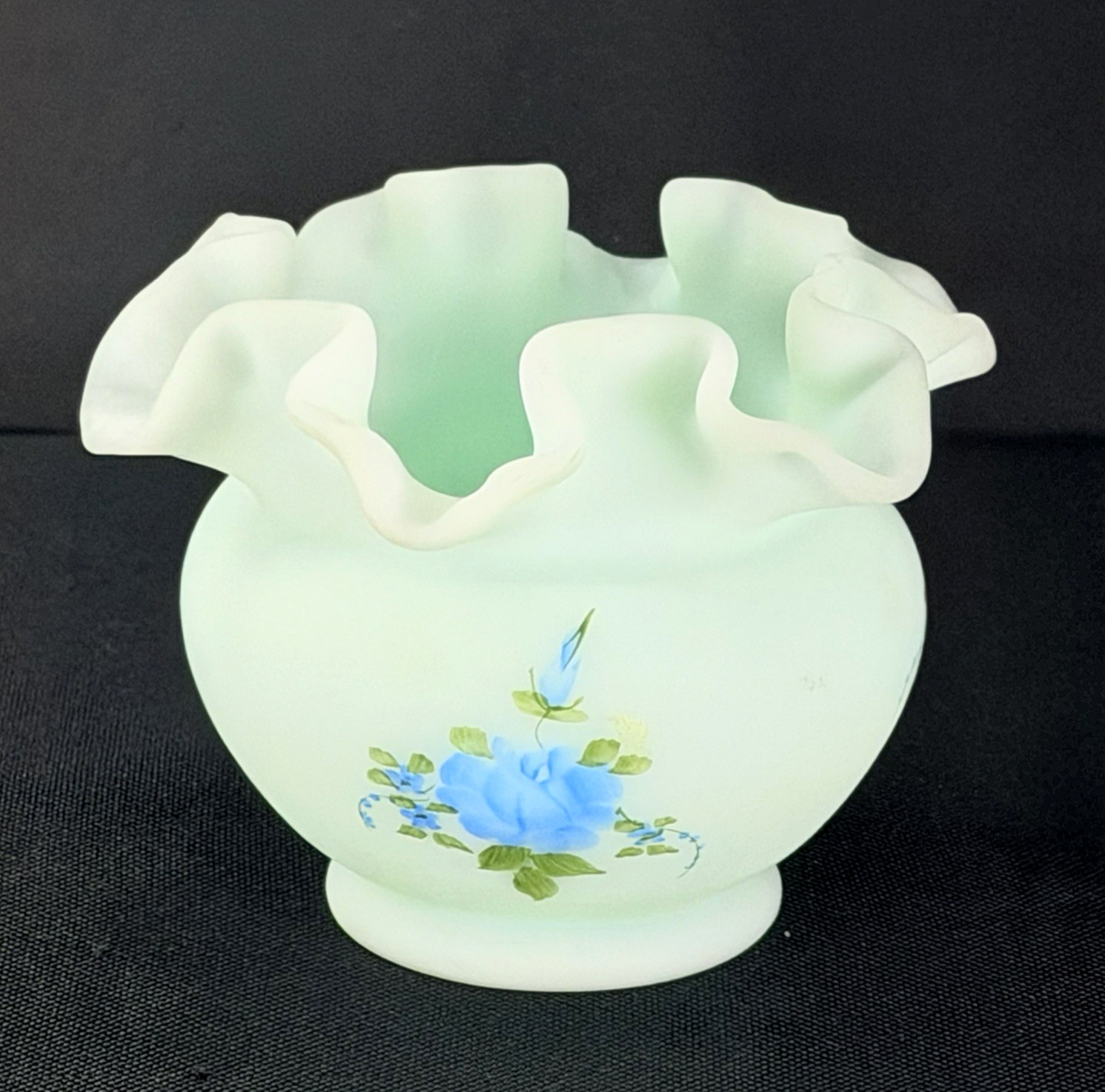Vintage Fenton Blue Satin Glass Signed Hand Painted Blue Roses Ruffled Edge Vase Vintage Fenton Blue Satin Glass Signed Hand Painted Blue Roses Ruffled Edge Vase