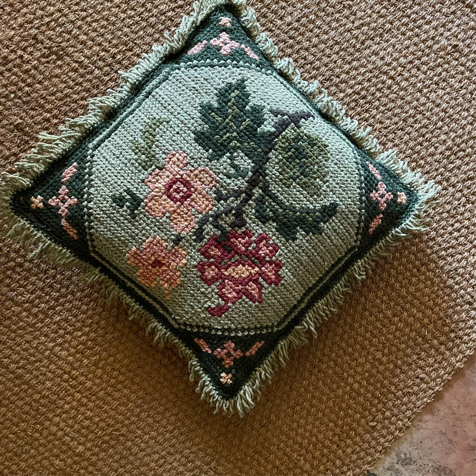 Antique 1930s  traditional Portuguese Arraiolos woven floral cushion cover