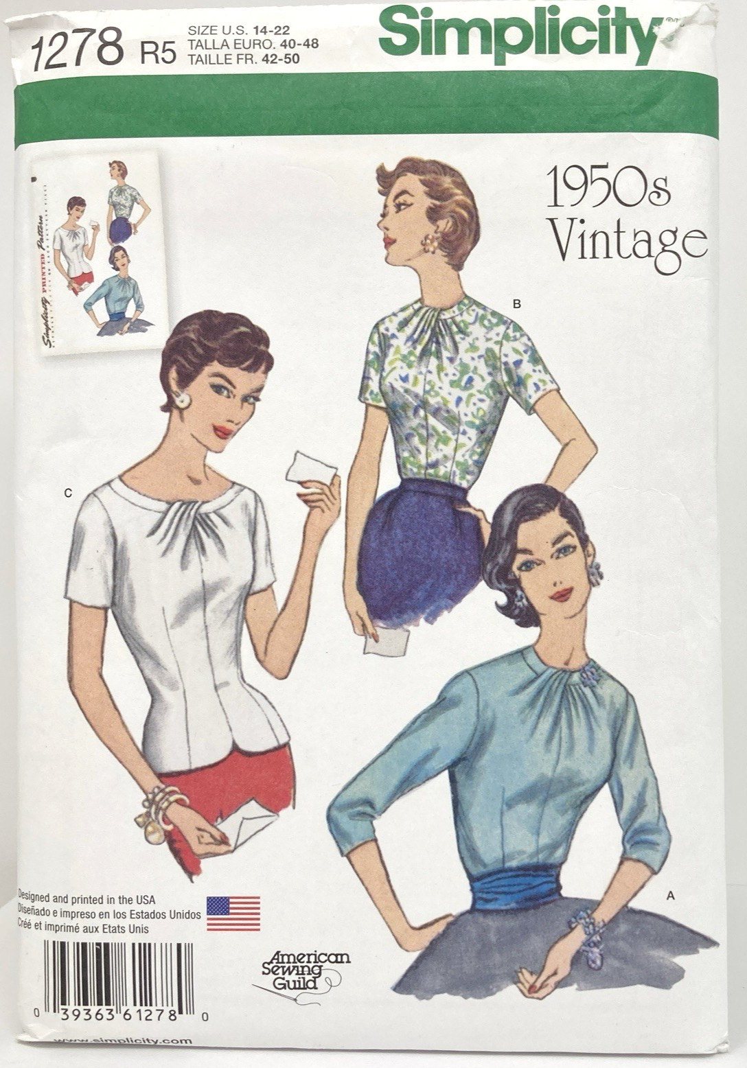 Simplicity 1278 Vintage 1956 Fitted Blouse Misses Sz 14 22 Pattern UNCUT