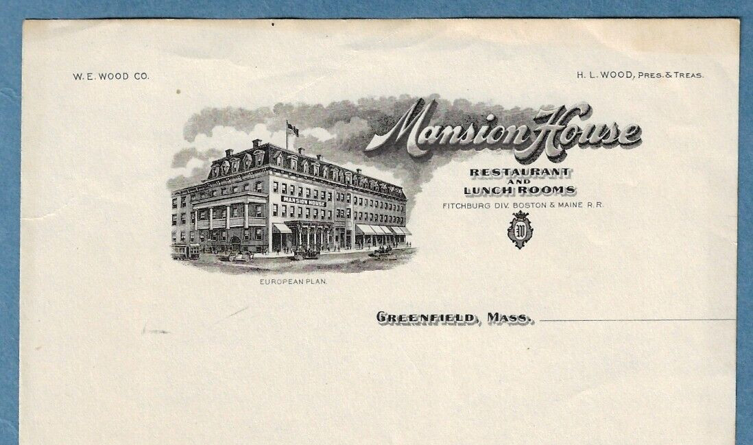 c1915 GREENFIELD, MA letterhead The MANSION HOUSE ~ Fitchburg Boston Maine R.R. c1915 GREENFIELD, MA letterhead The MANSION HOUSE ~ Fitchburg Boston Maine R.R.
