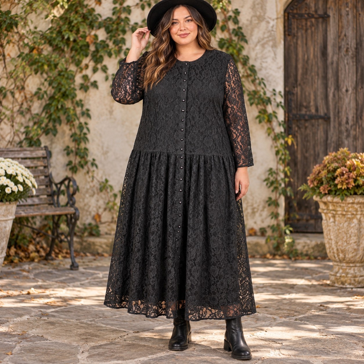 VTG Kathryn Deene Black Lace Button Front Dress 18 Drop Waist Gothic Romantic VTG Kathryn Deene Black Lace Button Front Dress 18 Drop Waist Gothic Romantic