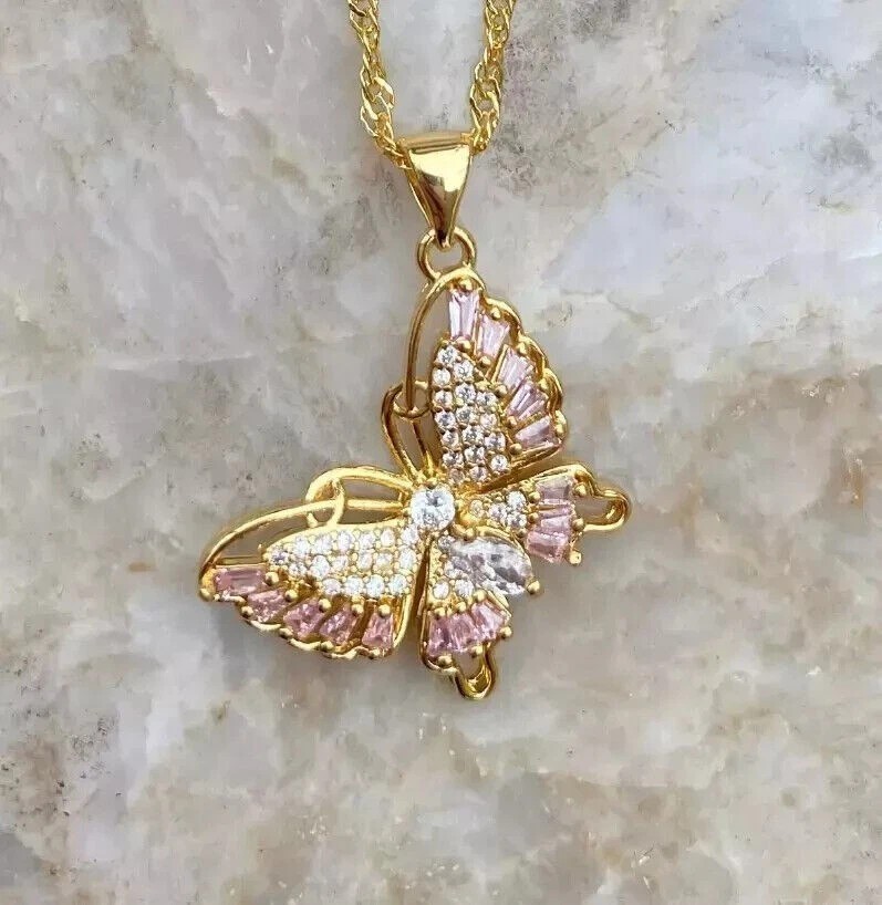 2 Ct Round Cut Simulated Diamond Pretty Butterfly Pendant 14k Yellow Gold Plated