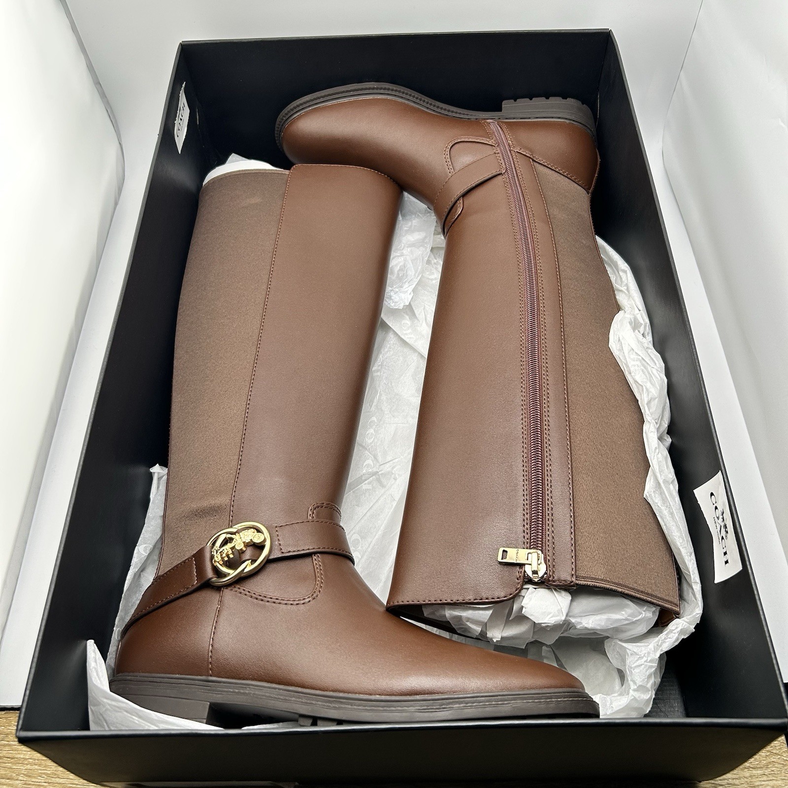 Coach Farrah Brown Leather Riding Boots Gold Buckle Wallnut Size 7 B Brand New Coach Farrah Brown Leather Riding Boots Gold Buckle Wallnut Size 7 B Brand New