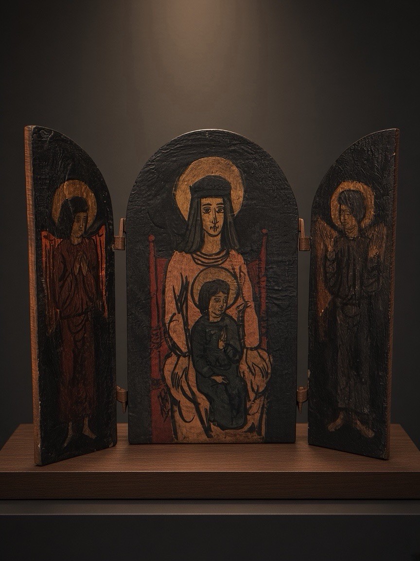 Antique Folk Art Wooden Triptych Madonna Child Angels Religious Icon Hinged Door Antique Folk Art Wooden Triptych Madonna Child Angels Religious Icon Hinged Door