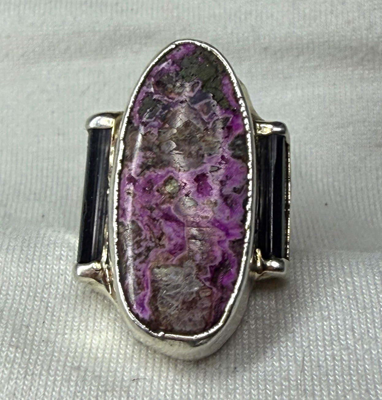 Steven Ruse Designs, handmade Cobalto Calcite and Black Tourmaline Ring. Steven Ruse Designs, handmade Cobalto Calcite and Black Tourmaline Ring.