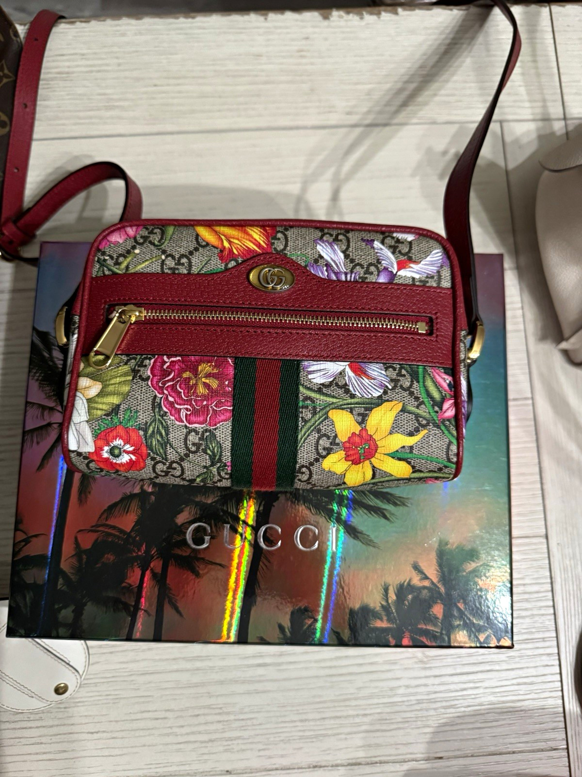 Gucci GG Monogram Floral Canvas Crossbody Bag,Red Leather