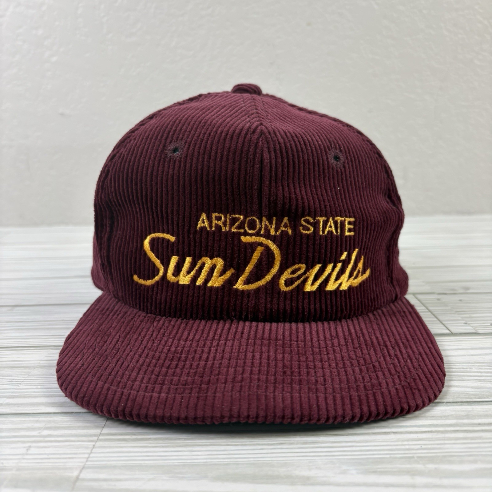 Extremely RARE VTG Twins Enterprise ASU Sun Devils Script Corduroy SnapBack Hat Extremely RARE VTG Twins Enterprise ASU Sun Devils Script Corduroy SnapBack Hat