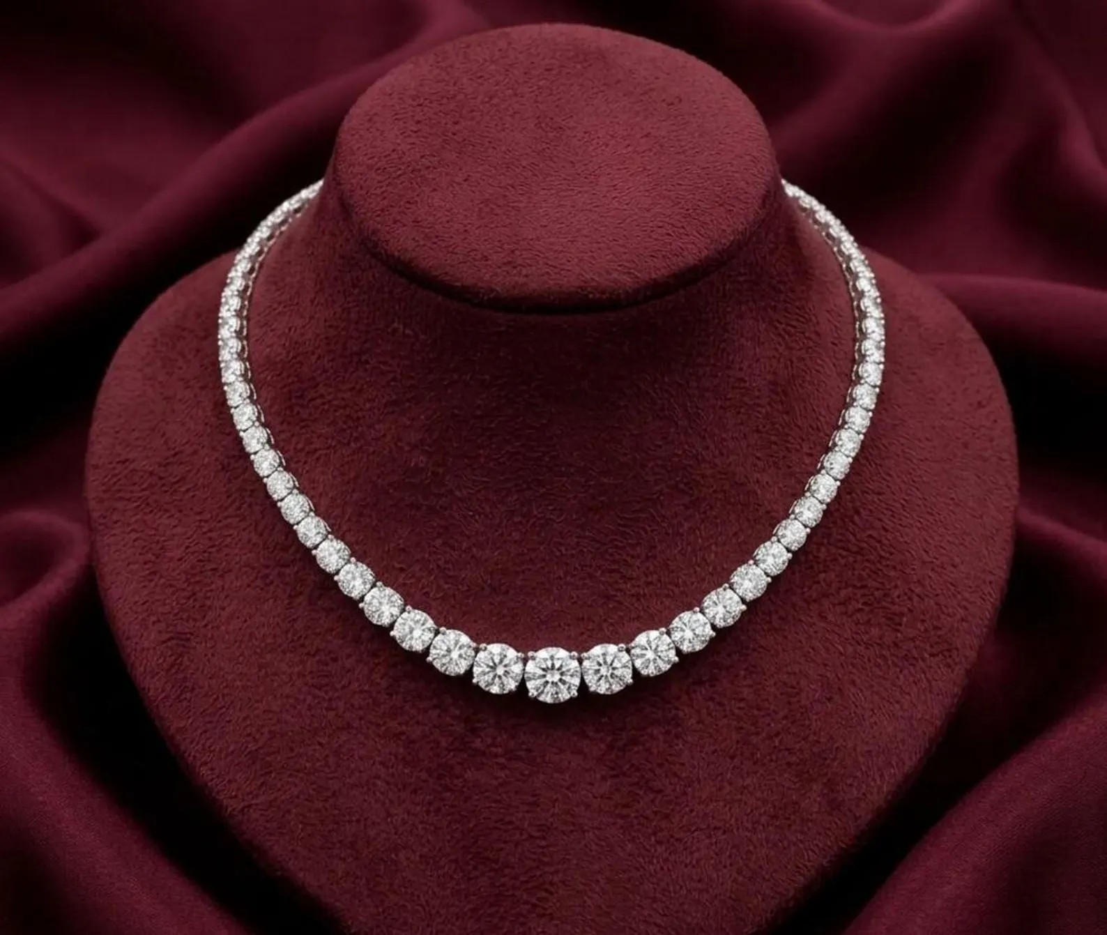 32.00Ct Graduated Moissanite Tennis Necklace, 14K White Gold Plated Round Cut
