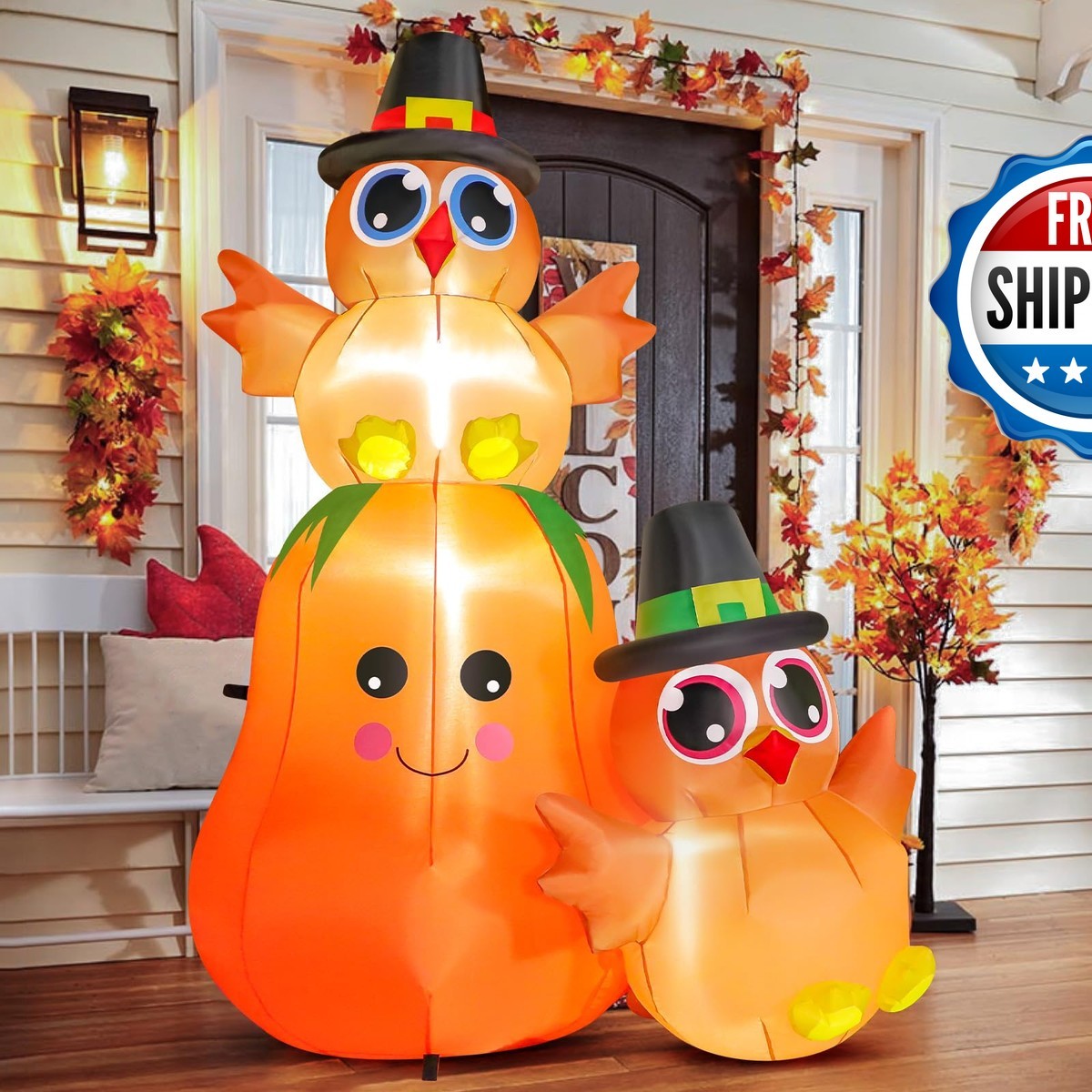 FunFanso 5FT Thanksgiving Inflatable Turkey on Pumpkin with LED Lights, Blower FunFanso 5FT Thanksgiving Inflatable Turkey on Pumpkin with LED Lights, Blower