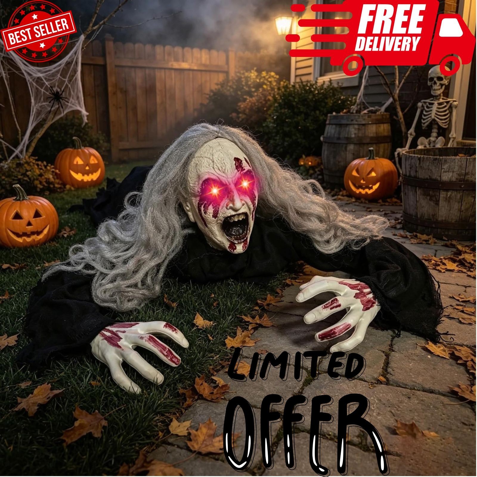 Crawling Zombie Halloween Decoration Groundbreaker Prop Scary Sound Red Glowing