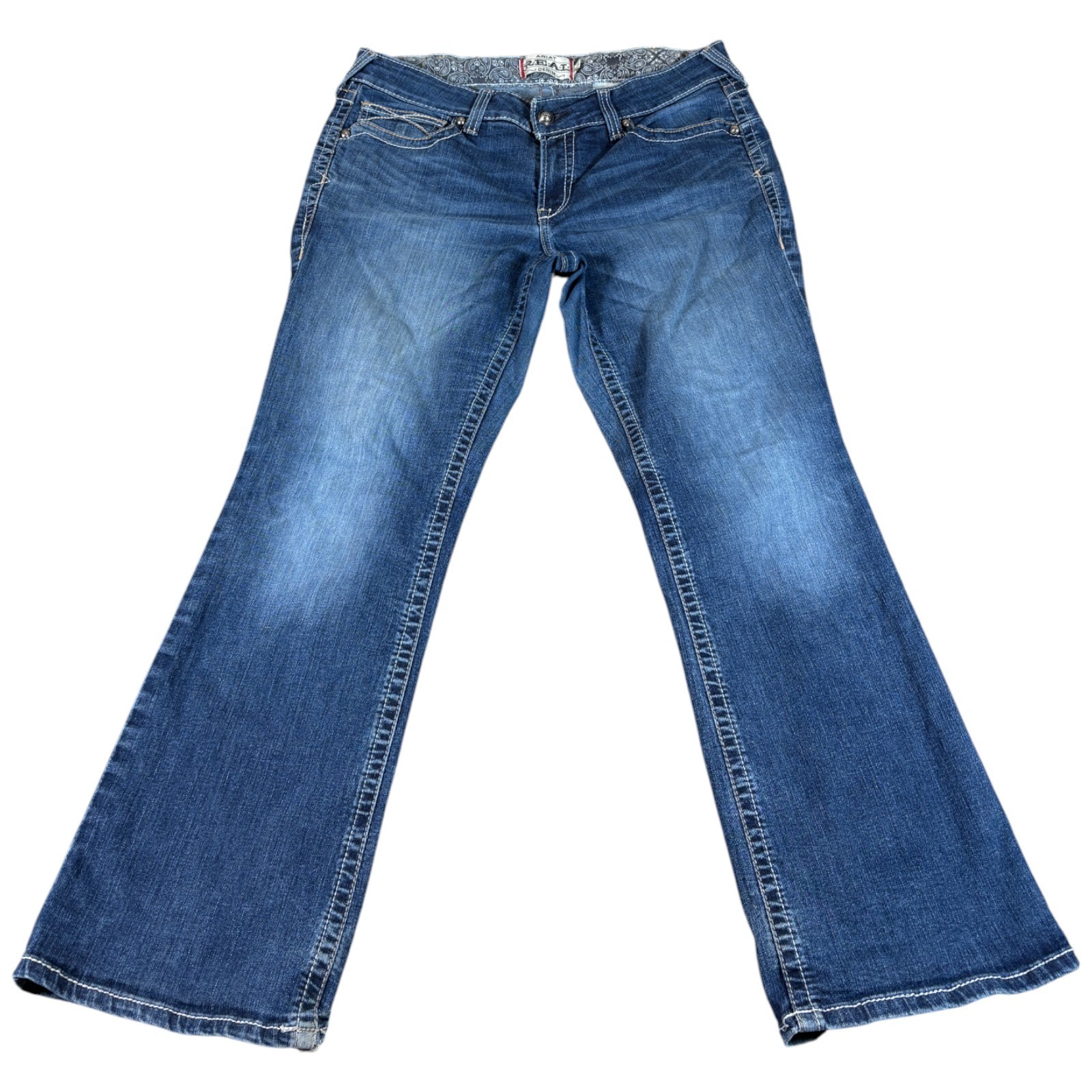Ariat R.E.A.L Bootcut Jeans Womens 33 Blue Logo Medium Wash Distressed Western