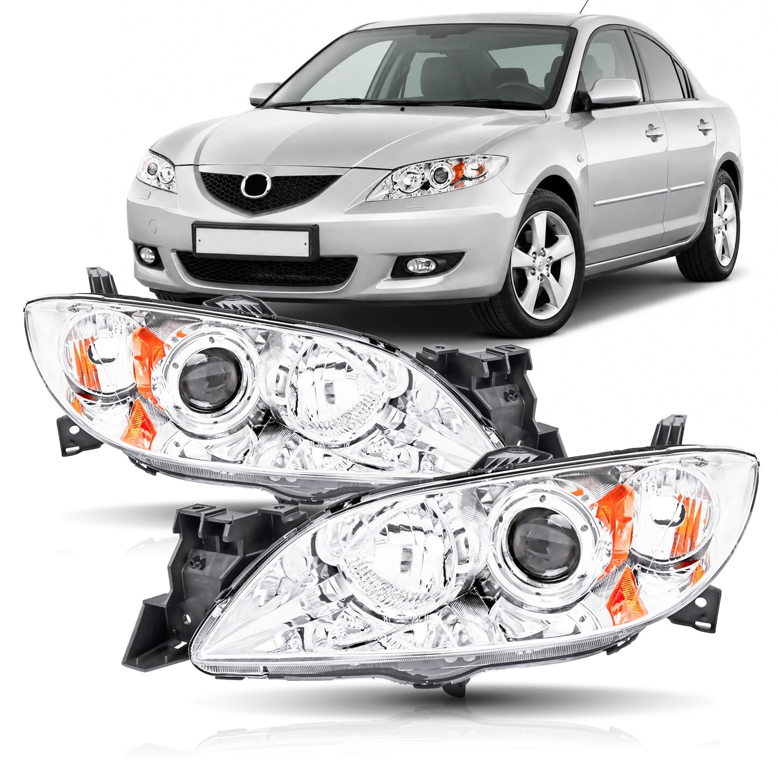 2004-2009 Mazda 3 Headlights Assembly Pair Halogen Black Housing Amber Reflector