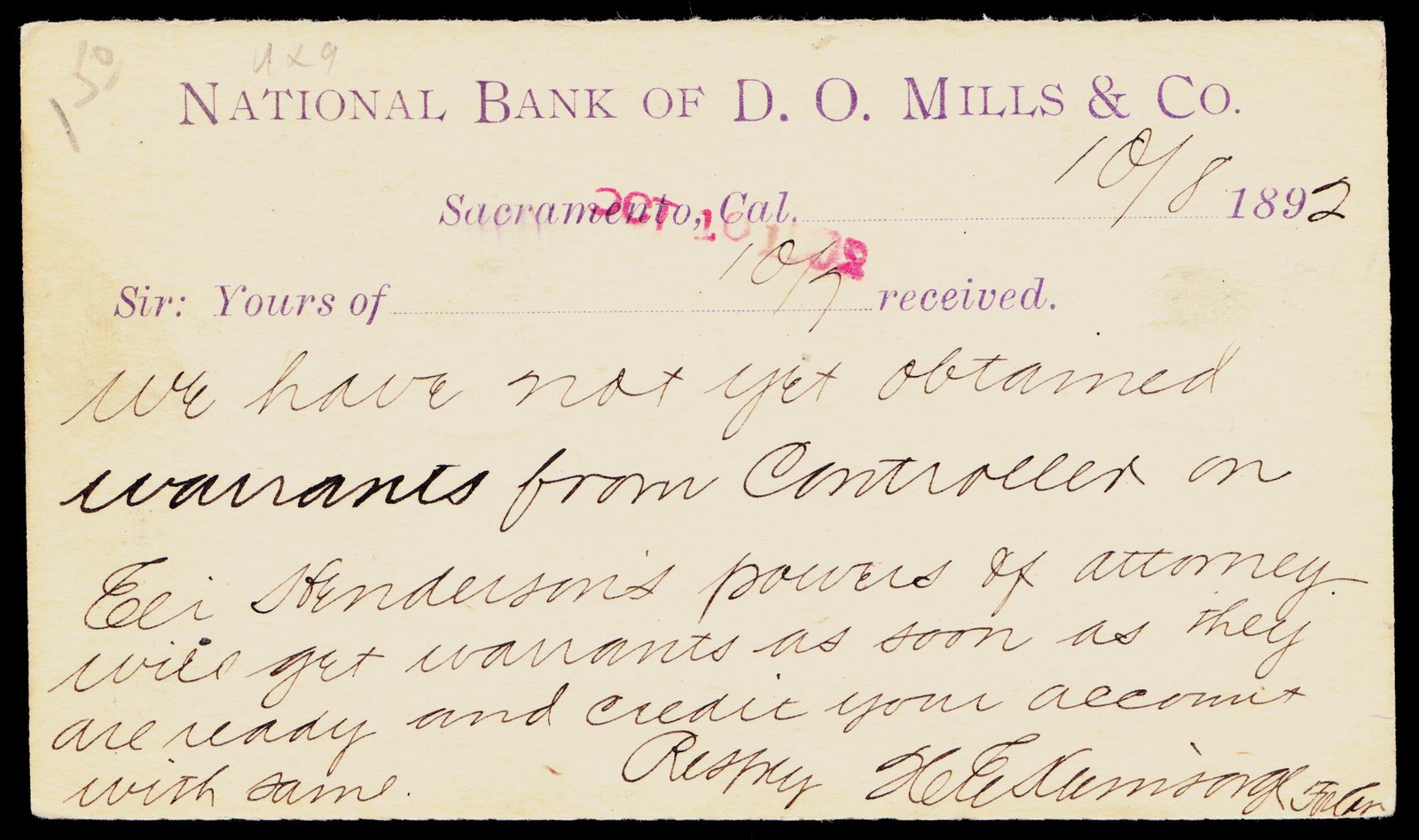 1892 National Bank of D. O. Mills Sacramento CA Victorian Postal Card Ephemera