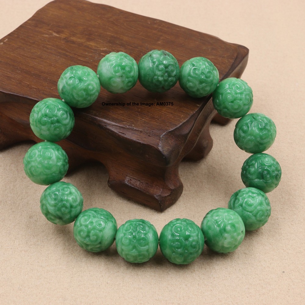 New Chinese Green Jade Bracelet 14mm Carved Beads Elastic Stretch Bracelet