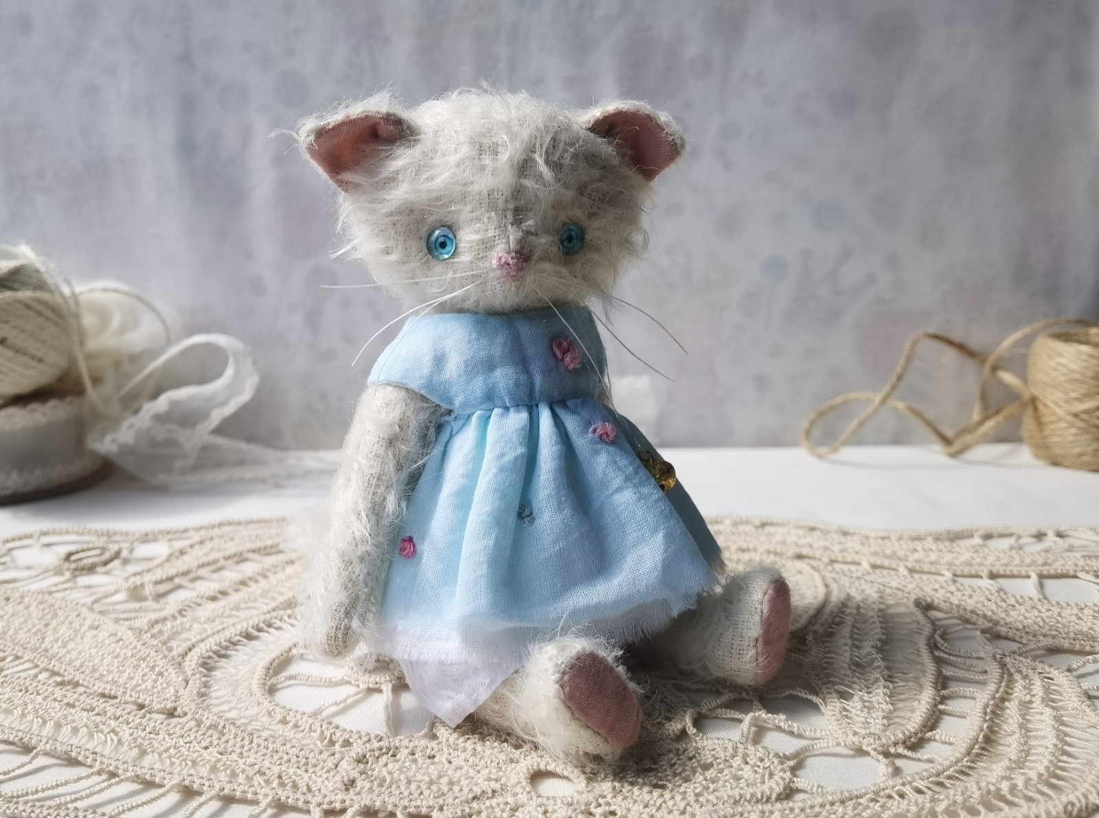 Kitty doll Teddy Cat OOAK Handmade Artist  Art gifts  Animal gift cottagecore
