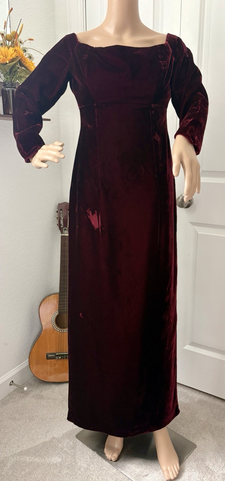 Vintage 60s Gothic Revival Burgundy Red Velvet Dress W Train Sm