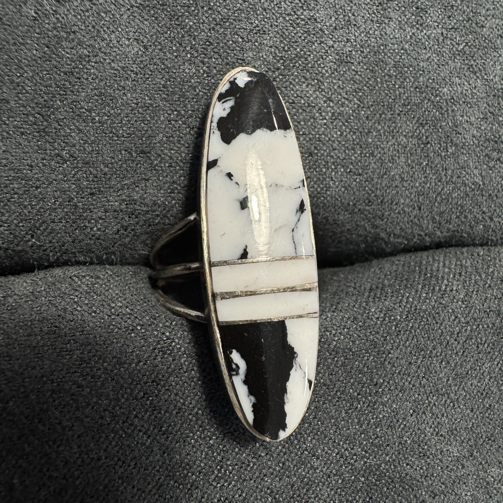 Navajo Harold Smith Sterling Silver White Buffalo Inlay Elongated Ring Sz 5.75-6