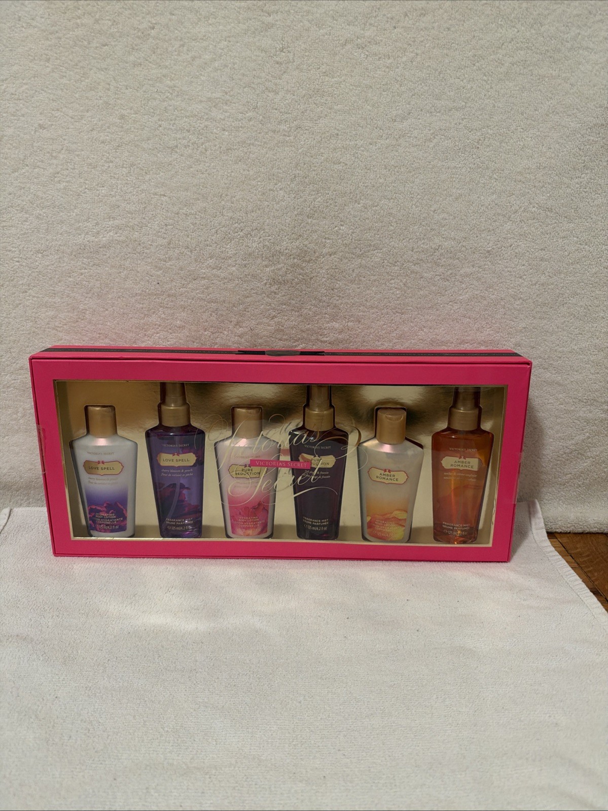 NEW VICTORIAS SECRET 6 PC GIFT SET AMBER ROMANCE LOVE SPELL PURE LOTION MIST NEW VICTORIAS SECRET 6 PC GIFT SET AMBER ROMANCE LOVE SPELL PURE LOTION MIST