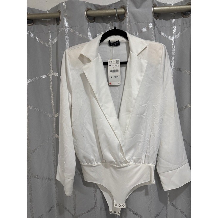 Zara Bodysuit Women Medium White Excellent Wrap Front Long Sleeve Blazer Style