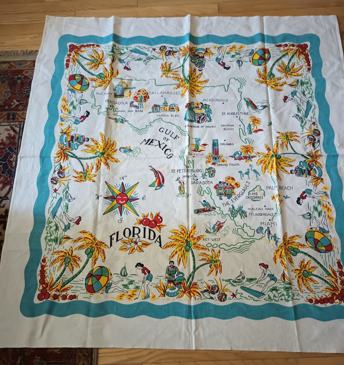 VTG BELCREST FLORIDA SOUVENIR COTTON TABLECLOTH VTG BELCREST FLORIDA SOUVENIR COTTON TABLECLOTH