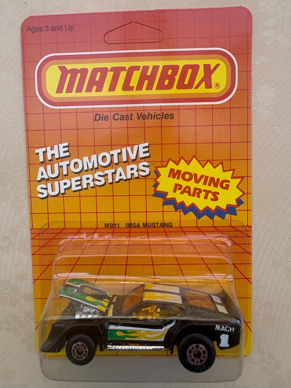 1987 MATCHBOX SUPERFAST MB11 IMSA FORD MUSTANG MACH 1 WITH FLAMES NEW ON CARD 1987 MATCHBOX SUPERFAST MB11 IMSA FORD MUSTANG MACH 1 WITH FLAMES NEW ON CARD
