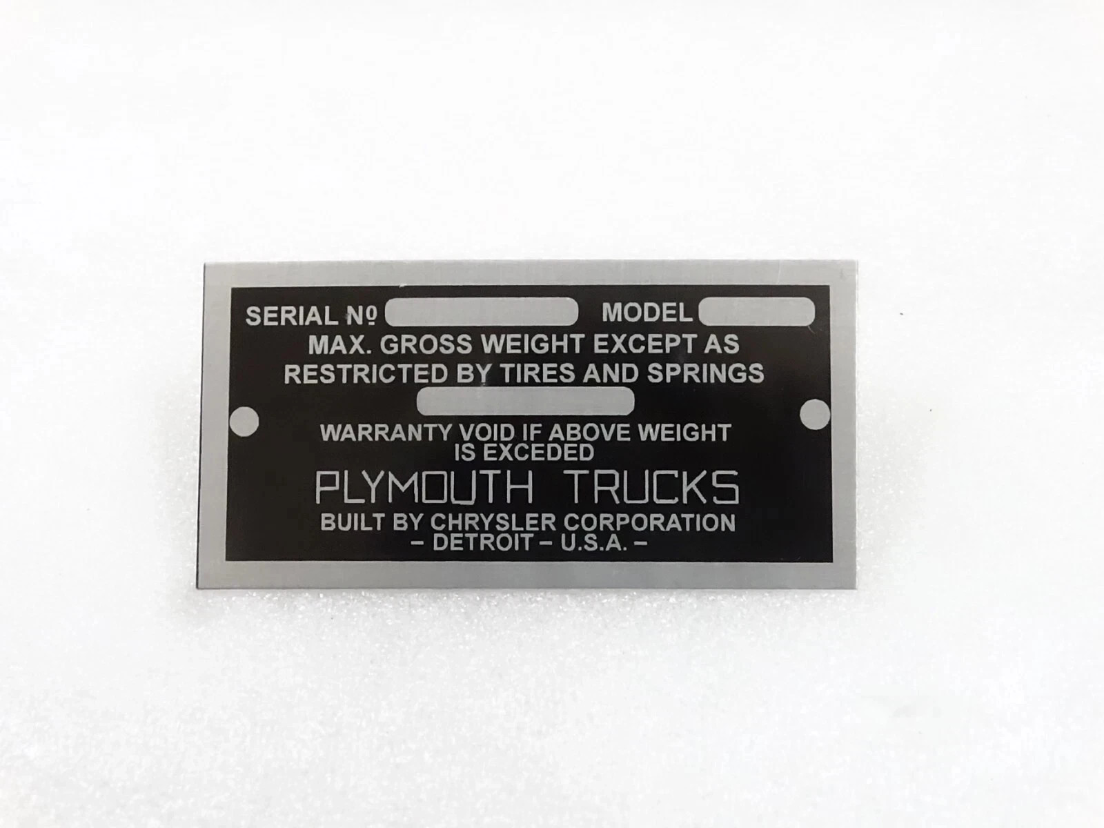 DATA PLATE VINTAGE FOR PLYMOUTH TRUCK 1935-41 #V264-7