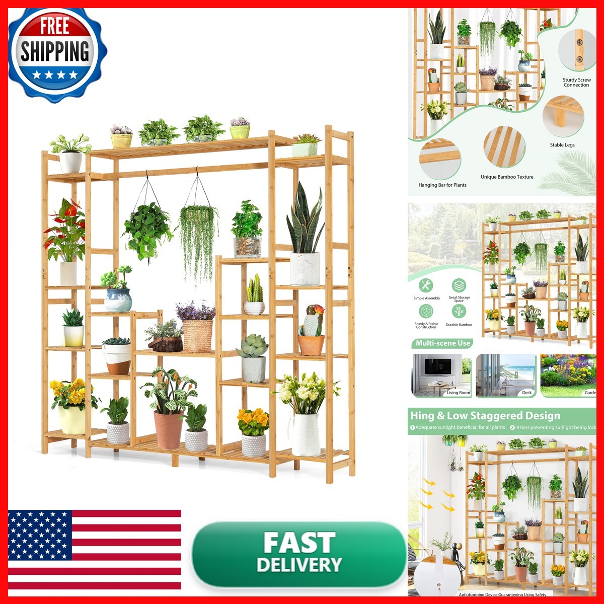 COSTWAY Bamboo Plant Stand 2-In-1 High-Low Corner Shelf Natural Indoor Outdoor COSTWAY Bamboo Plant Stand 2-In-1 High-Low Corner Shelf Natural Indoor Outdoor