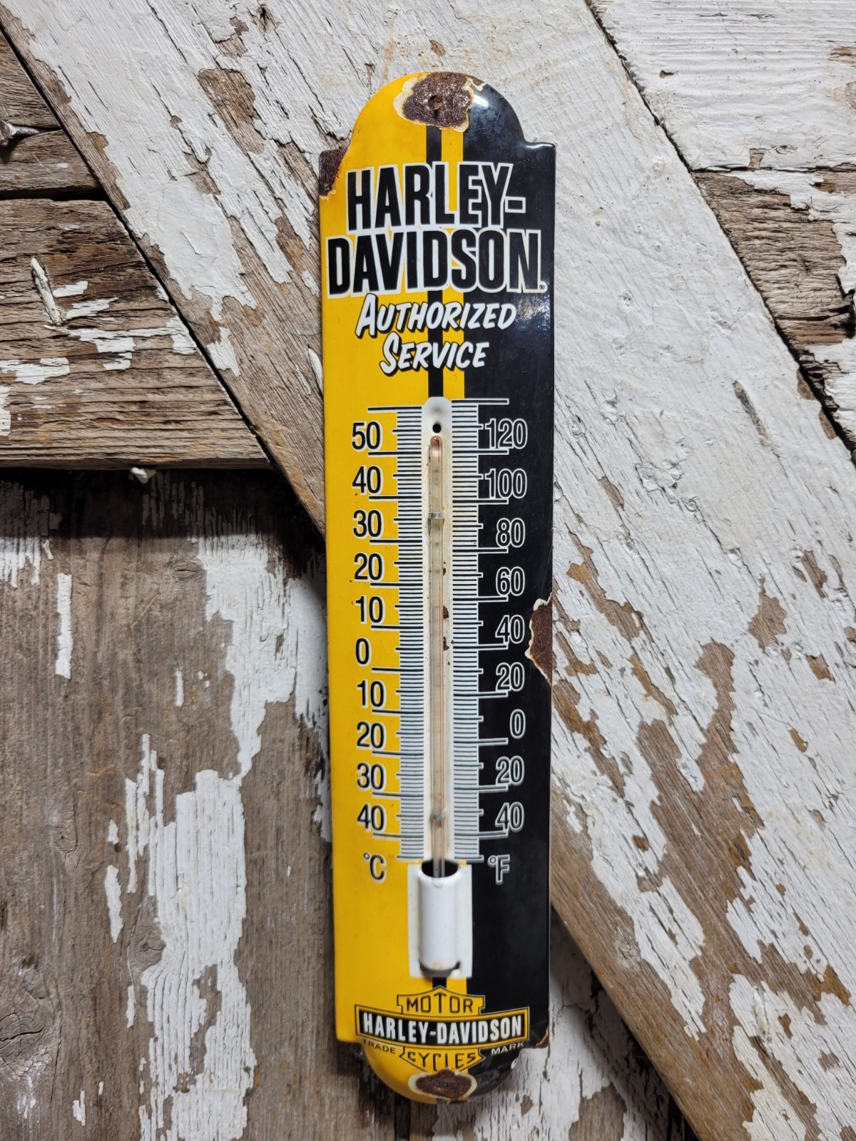 VINTAGE HARLEY-DAVIDSON PORCELAIN SIGN THERMOMETER GAS MOTORCYCLE DEALER SALES