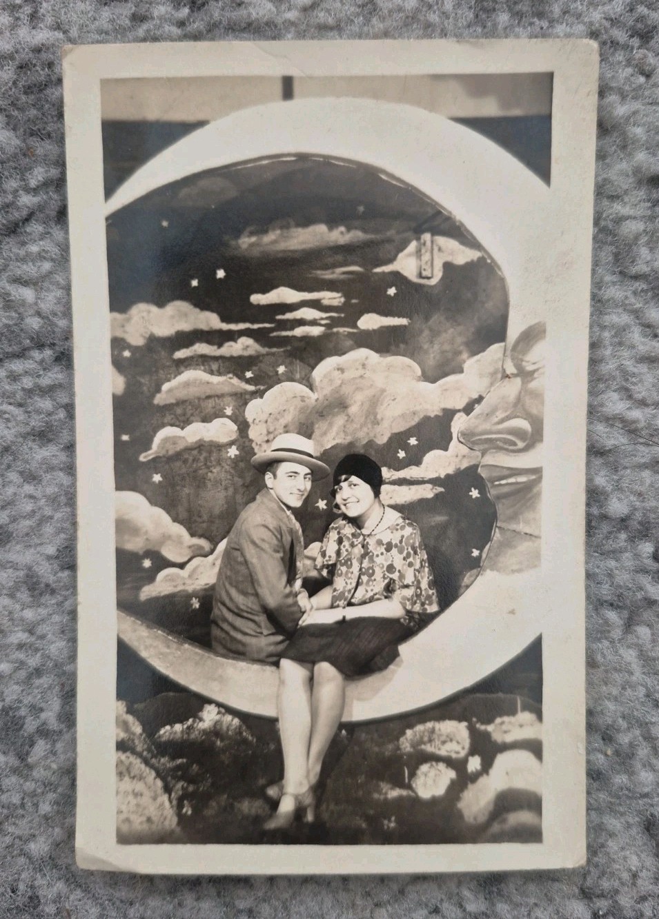 Vintage 1920s Paper Moon RPPC Postcard Couple Crescent Moon Studio Photo... Vintage 1920s Paper Moon RPPC Postcard Couple Crescent Moon Studio Photo...