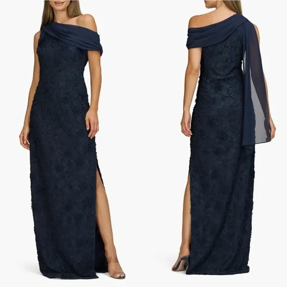 JS Collections Deep Navy Blue Elodie Floral One-Shoulder Gown Size 8 $298