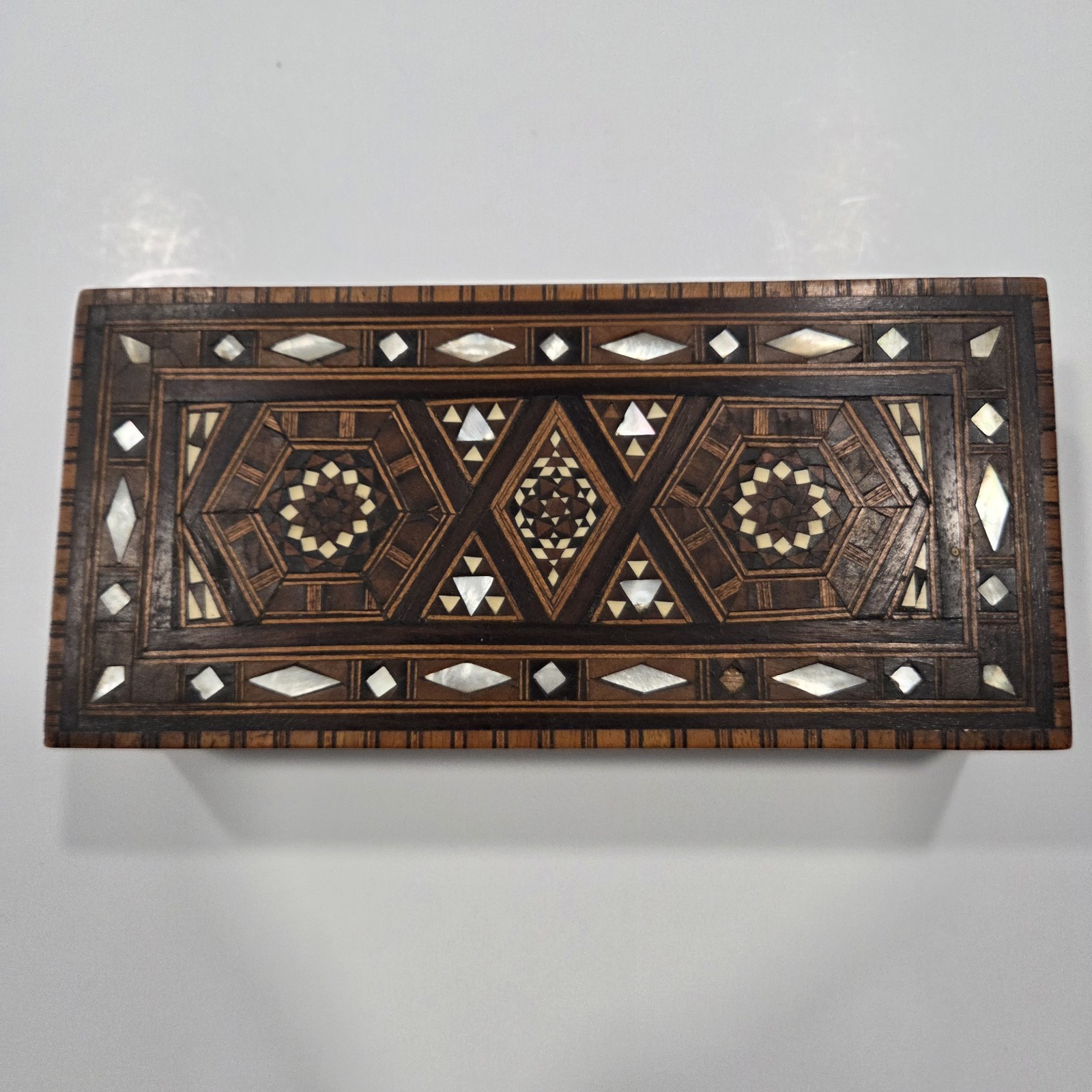 Vintage Middle Eastern Marquetry Wood Box Mother of Pearl Mosaic Trinket As Is