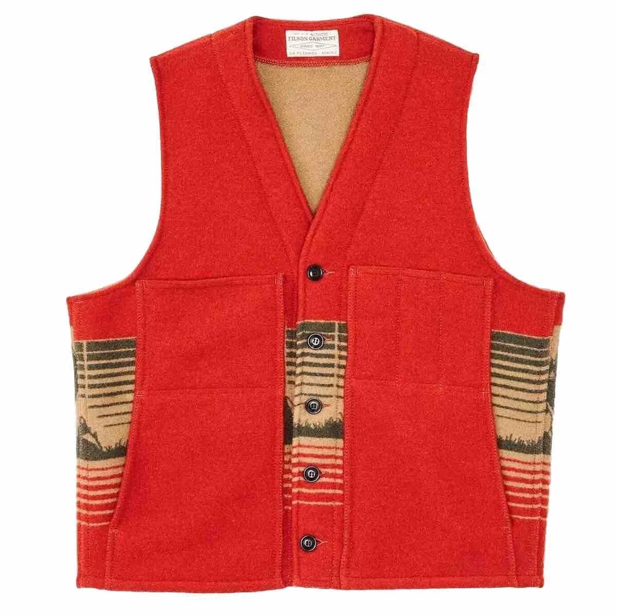 Filson Jacquard Wool Vest Made in USA Red Khaki Forest Moose Graphic S NWT