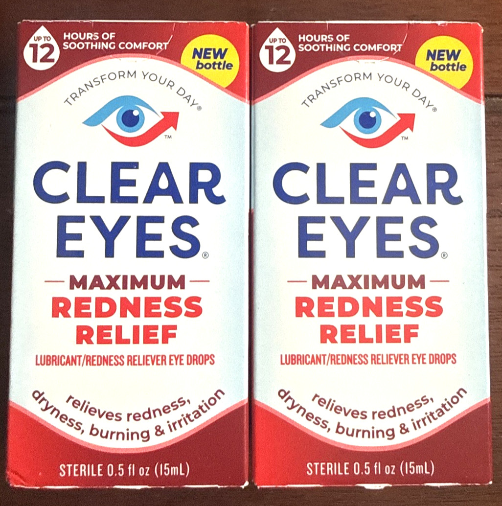 LOT OF 2 Clear Eyes, Maximum Redness Relief Eye Drops, 0.5 Fl Oz EXP 06/2027 LOT OF 2 Clear Eyes, Maximum Redness Relief Eye Drops, 0.5 Fl Oz EXP 06/2027