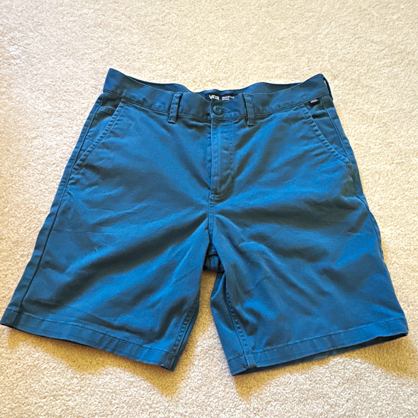 VANS Men’s Blue Chino Shorts Relaxed Fit Cotton Flat Front Zip Pockets