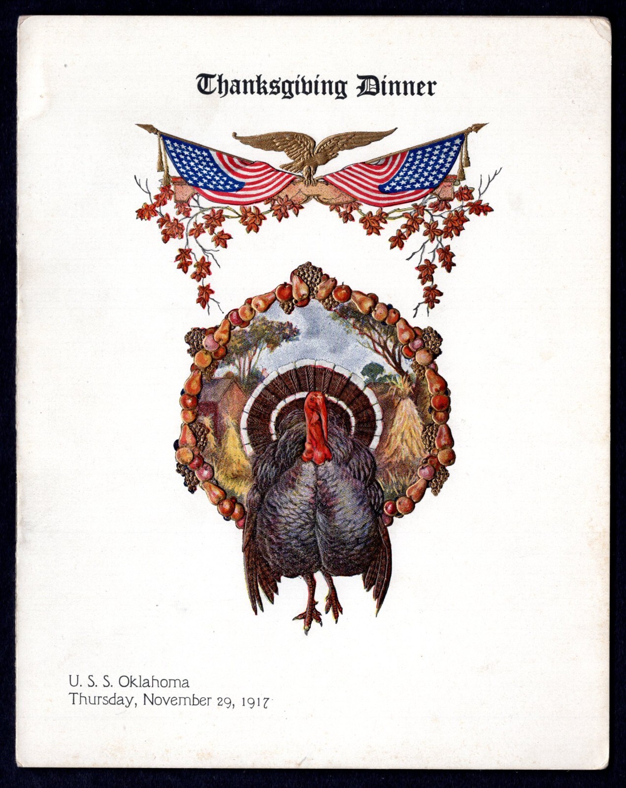 US 1917 NAVY BATTLESHIP U.S.S. OAKLAHOMA THANKSGIVING DINNER MENU