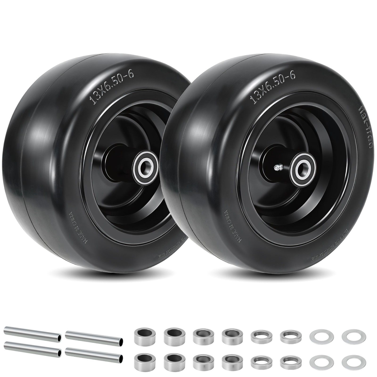 2 Pcs 13x6.50-6 Flat Free Lawn Mower Tire and Wheel, with 3/4