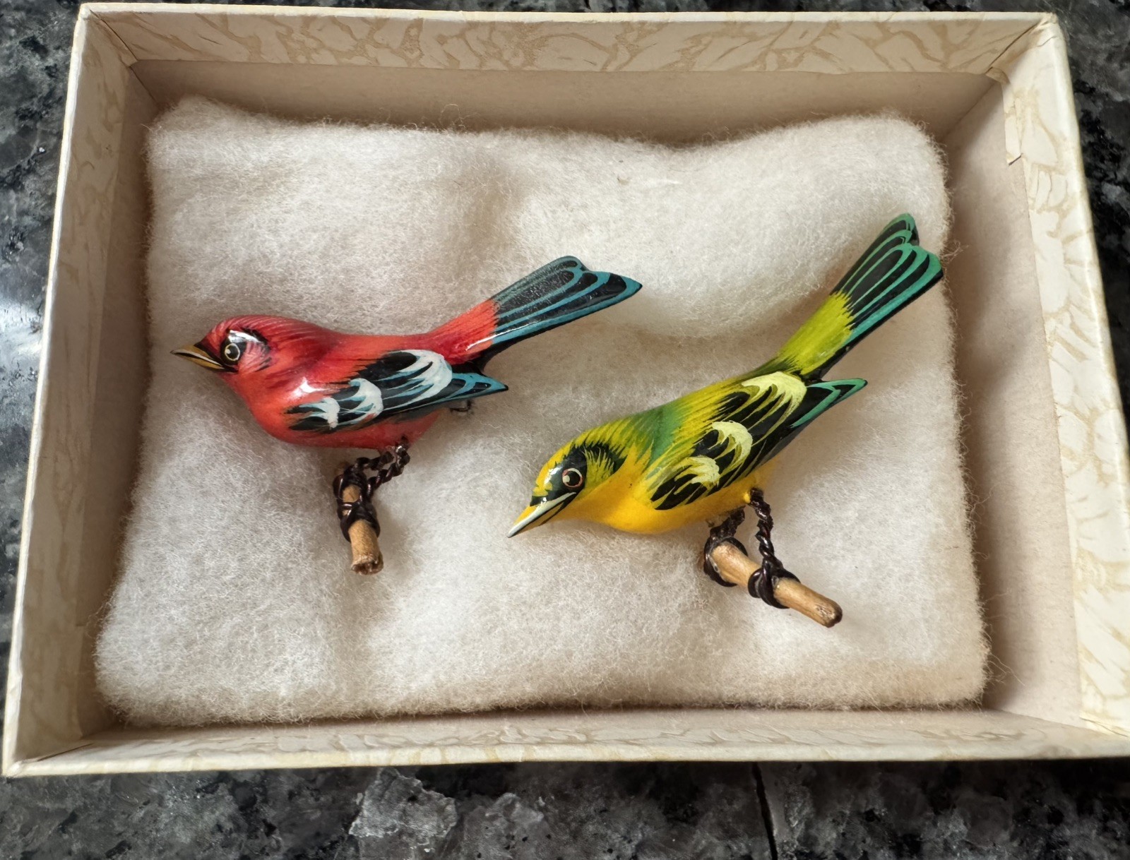 Vintage Takahashi Scarlet Tanger Hand Carved Painted Bird Brooch Pins Vintage Takahashi Scarlet Tanger Hand Carved Painted Bird Brooch Pins