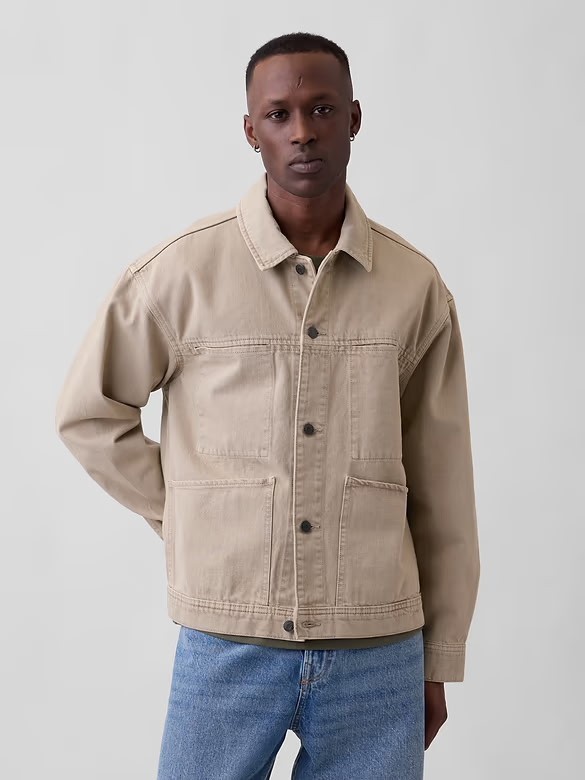 NWOT Gap Men’s Boxy Icon Denim Jacket, Sz L, Khaki Denim, Utility Pockets NWOT Gap Men’s Boxy Icon Denim Jacket, Sz L, Khaki Denim, Utility Pockets