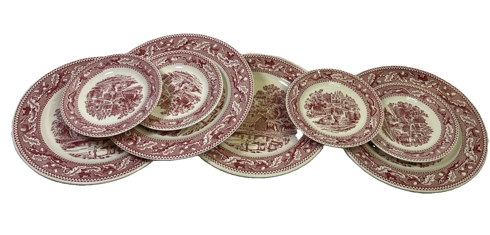 ( 8 SET ) Vintage Royal China Memory Lane Red Transferware Ironstone Plate Set ( 8 SET ) Vintage Royal China Memory Lane Red Transferware Ironstone Plate Set