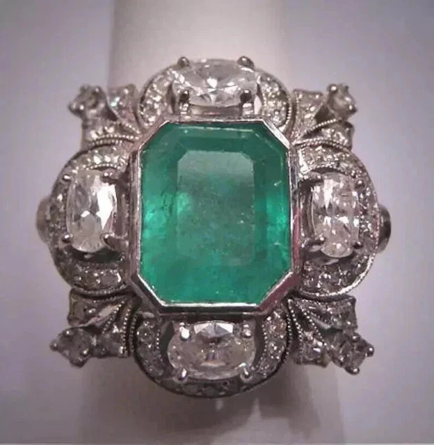 3.53CT Real Green Emerald Cut Vintage Art Deco Halo Engagement Ring 14K Gold FN 3.53CT Real Green Emerald Cut Vintage Art Deco Halo Engagement Ring 14K Gold FN