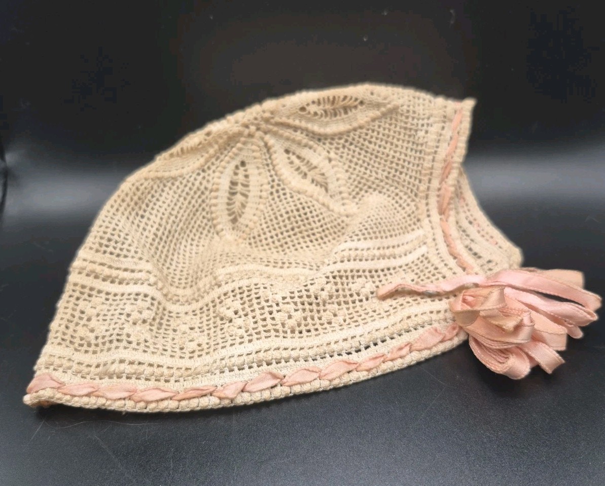 Vtg 1920s 1930s Crochet Lace Boudoir Cap Bonnet Ribbon Bow Infant Doll Hat...