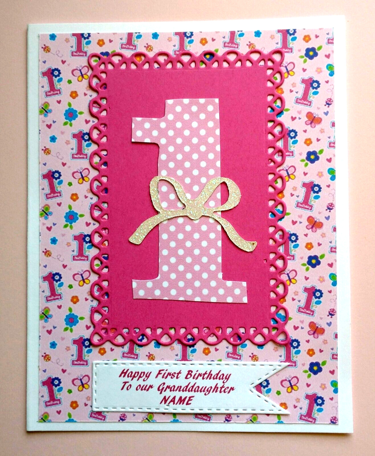 Personalized First Birthday Card for Granddaughter with choice of Verse Inside