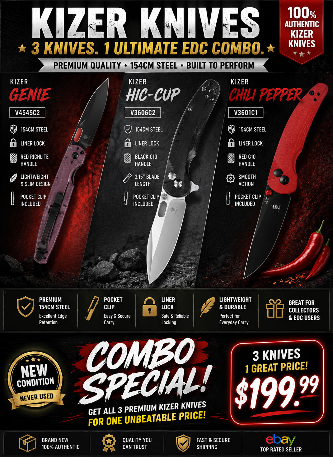 Kizer Genie Folding Knife + Kizer HIC-CUP Folding Pocket Knife + Kizer Chili Pep