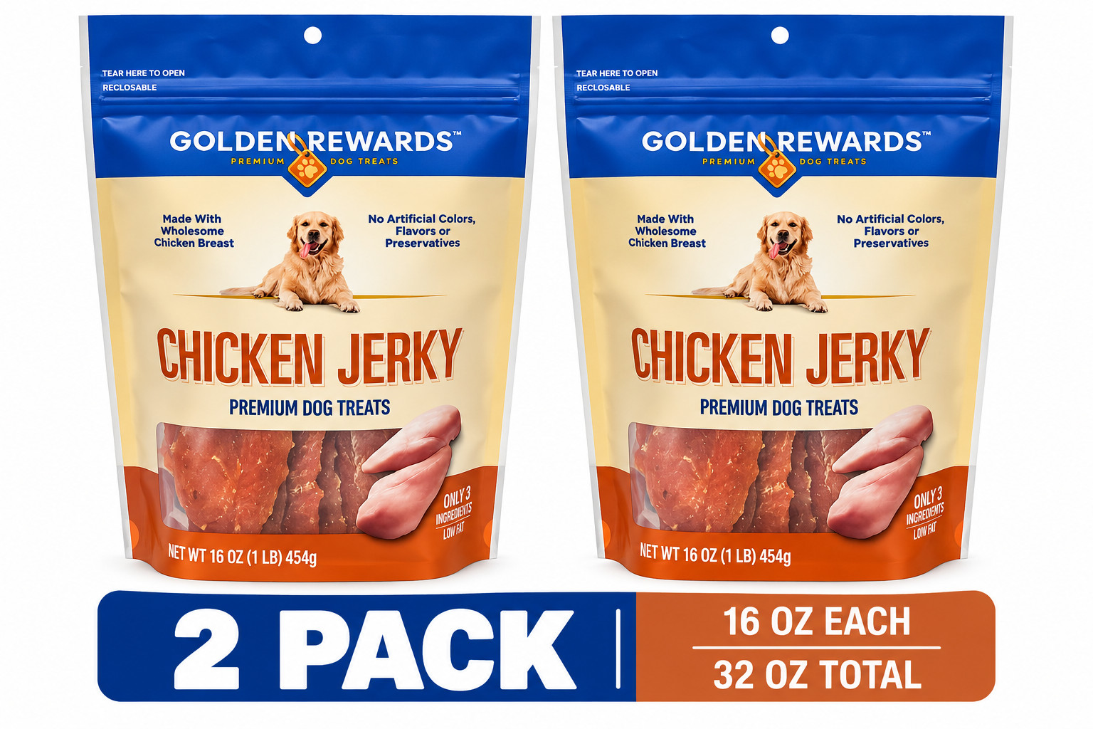 2 Packs Golden Rewards Chicken Jerky Premium Dog Treats All Dogs 16 oz Each