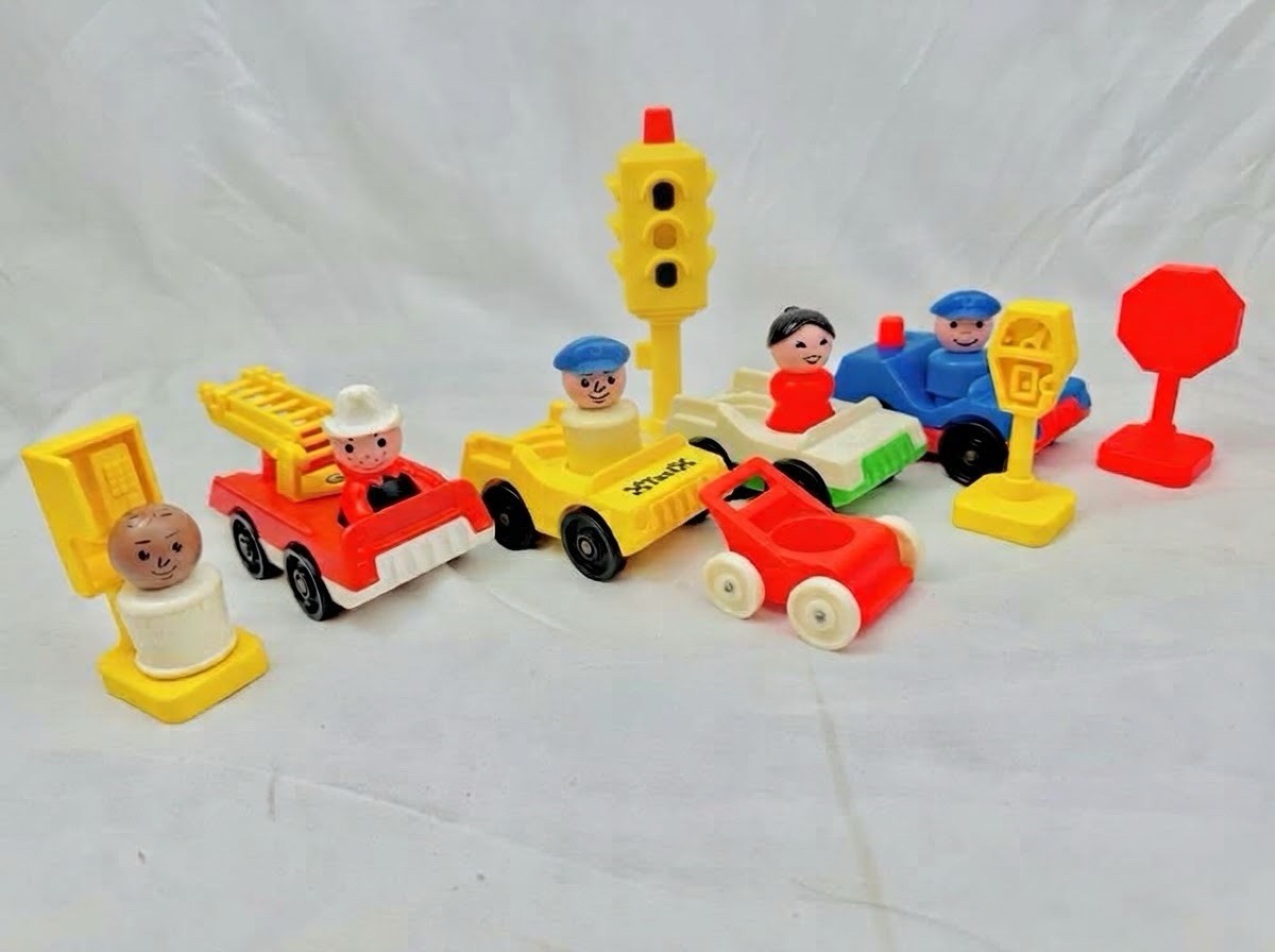 VTG Fisher Price Little People Village Lot Fire Truck Taxi Police Telephone Car VTG Fisher Price Little People Village Lot Fire Truck Taxi Police Telephone Car